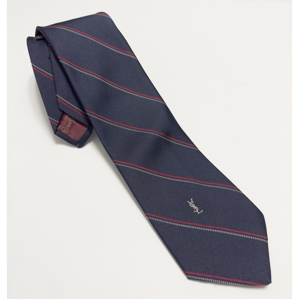 VTG YSL Yves Saint Laurent Tie Men 3" Embroidered Logo Silk Striped Italy 53